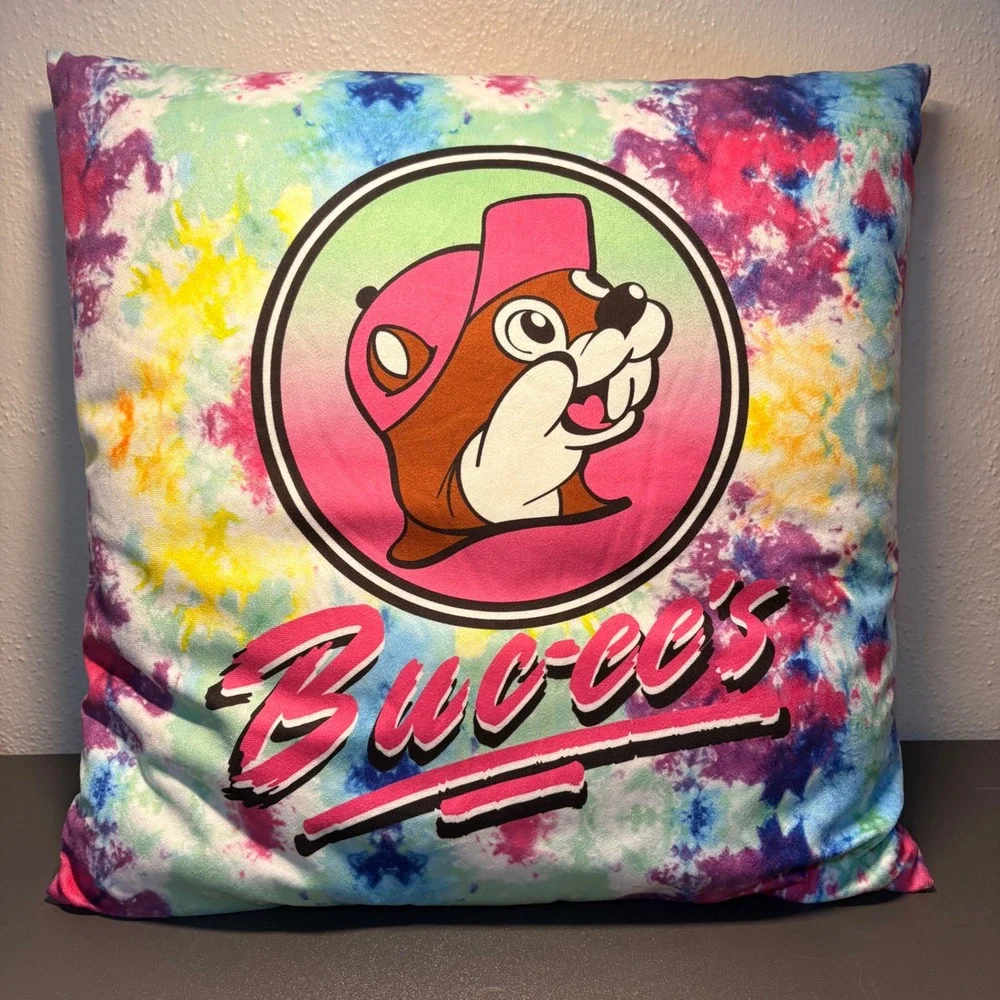 Buc-ees Accent Pillow Unisex 18x18 Multi Tie Dye Excellent Mascot Logo Cushion